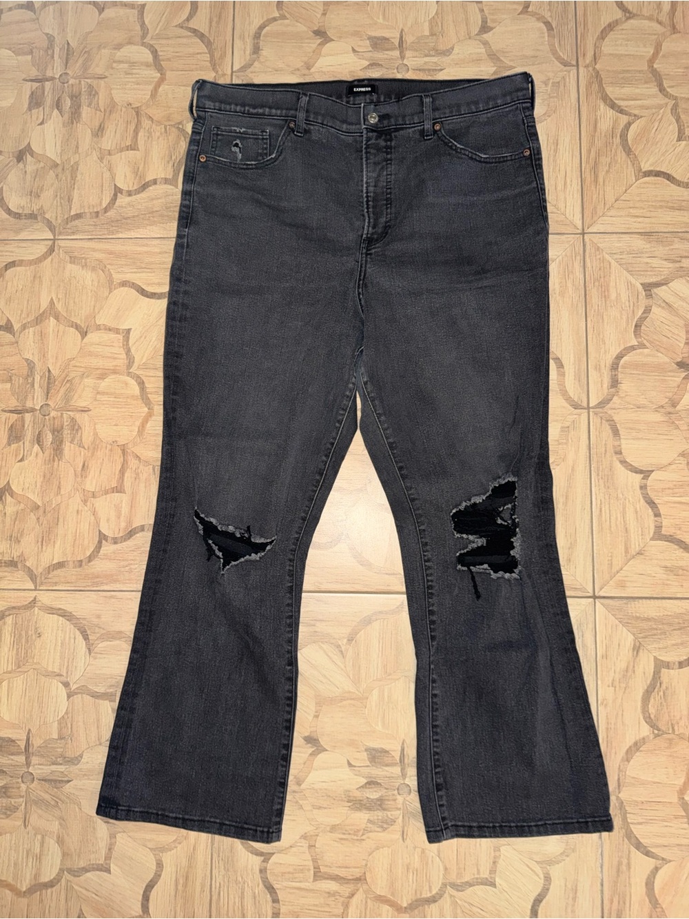 EXPRESS Black High Rise Distressed Knee Bootcut Flare Jeans | 16R